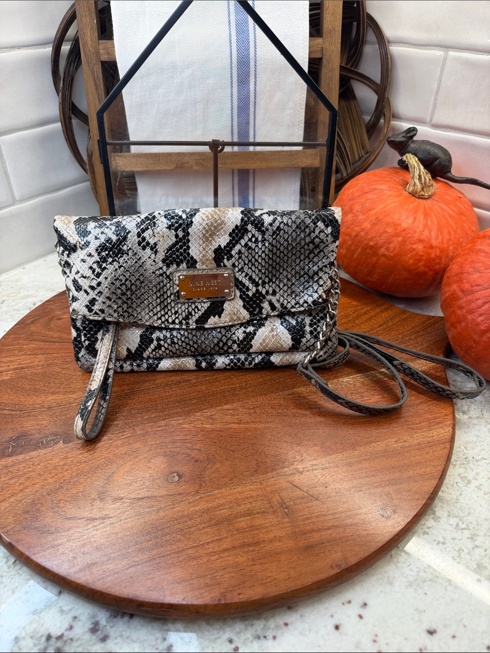 Nine West Snake-Print Crossbody Clutch - Black, White & Cream
